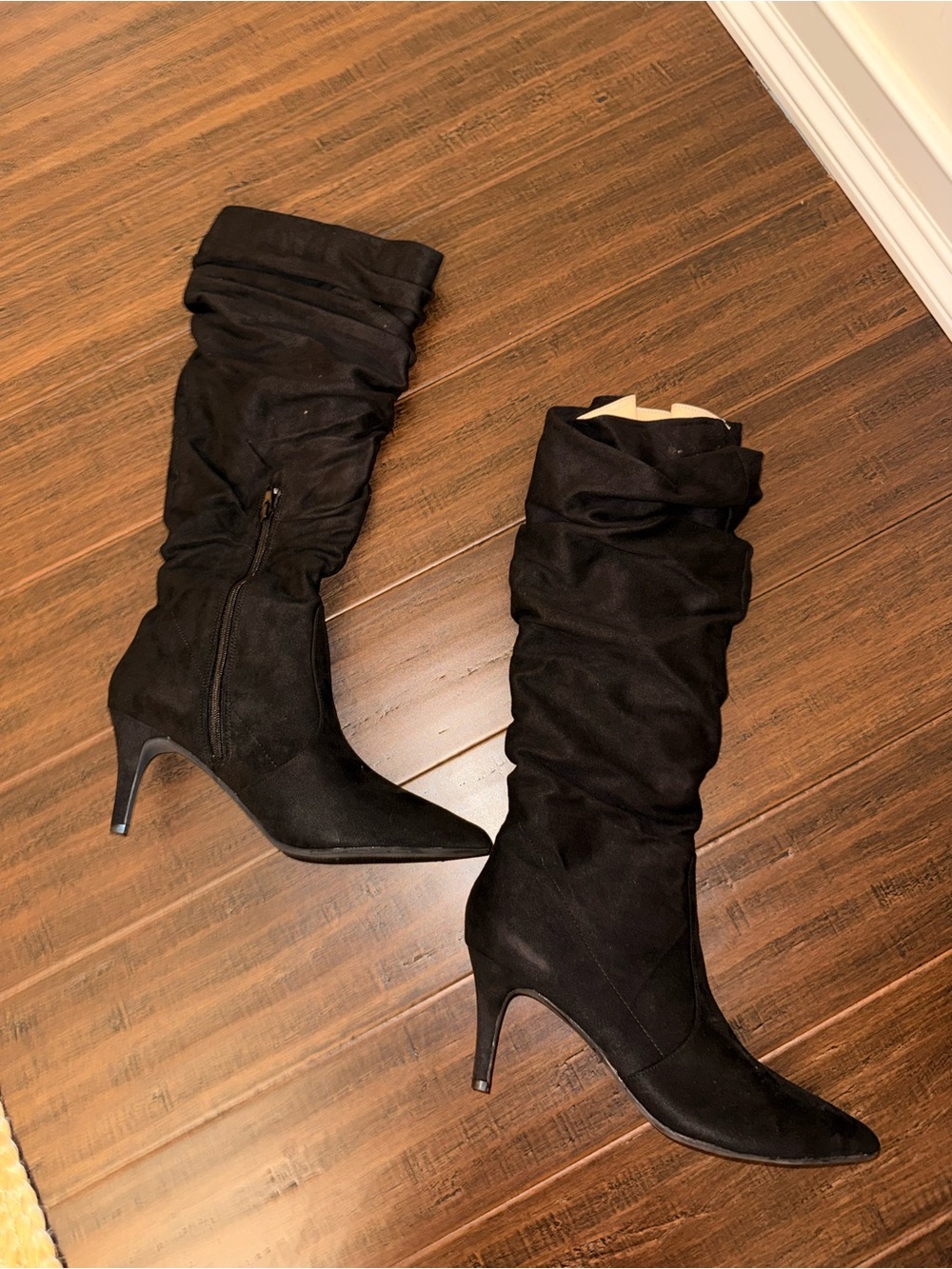 Bellini Black Slouchy Pointed-Toe Stiletto Knee Boots